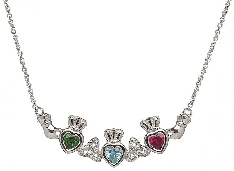 Authentic Sterling Silver Claddagh & Celtic Knot & Trinity Knot & Birthstone Necklace For Women