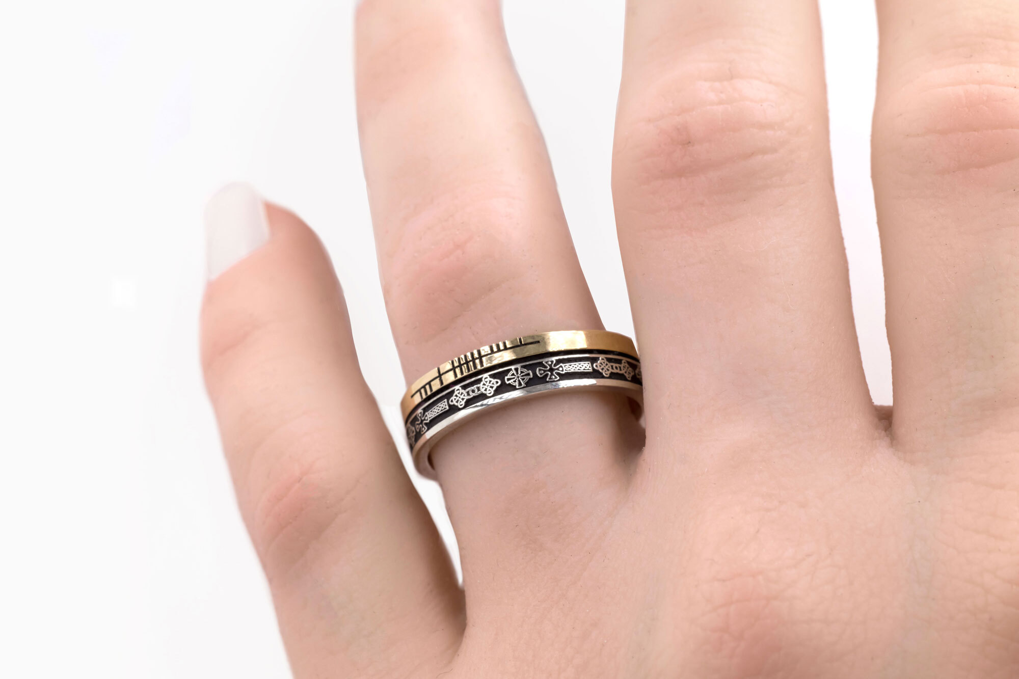 Authentic Oxidised Sterling Silver & 10K Yellow Gold Celtic Cross & Ogham 7.3mm Ring - Model Photo
