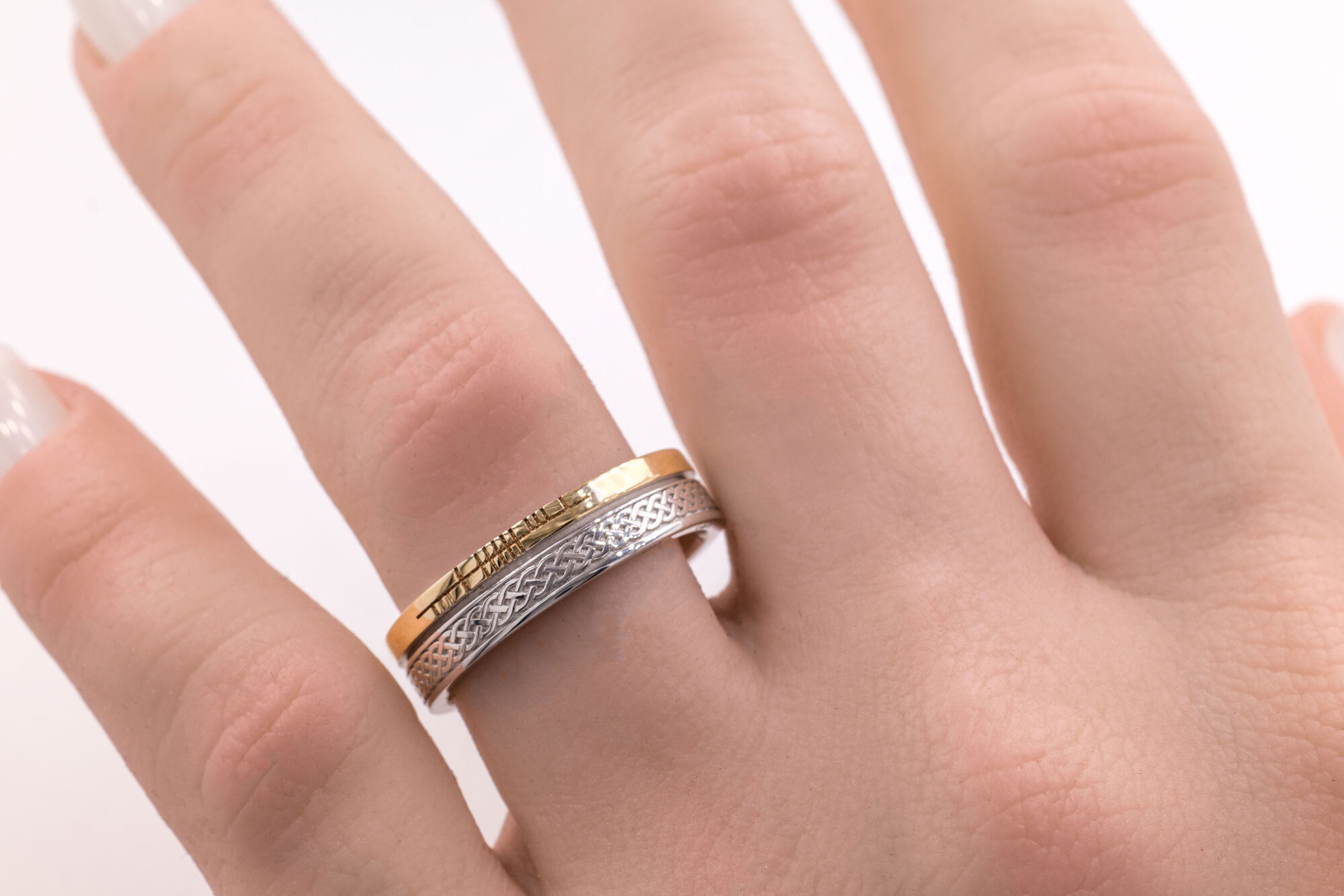 Genuine 10K White Gold & Yellow Gold Ogham & Celtic Knot 5.2mm Ring With a Florentine Finish - Model Photo
