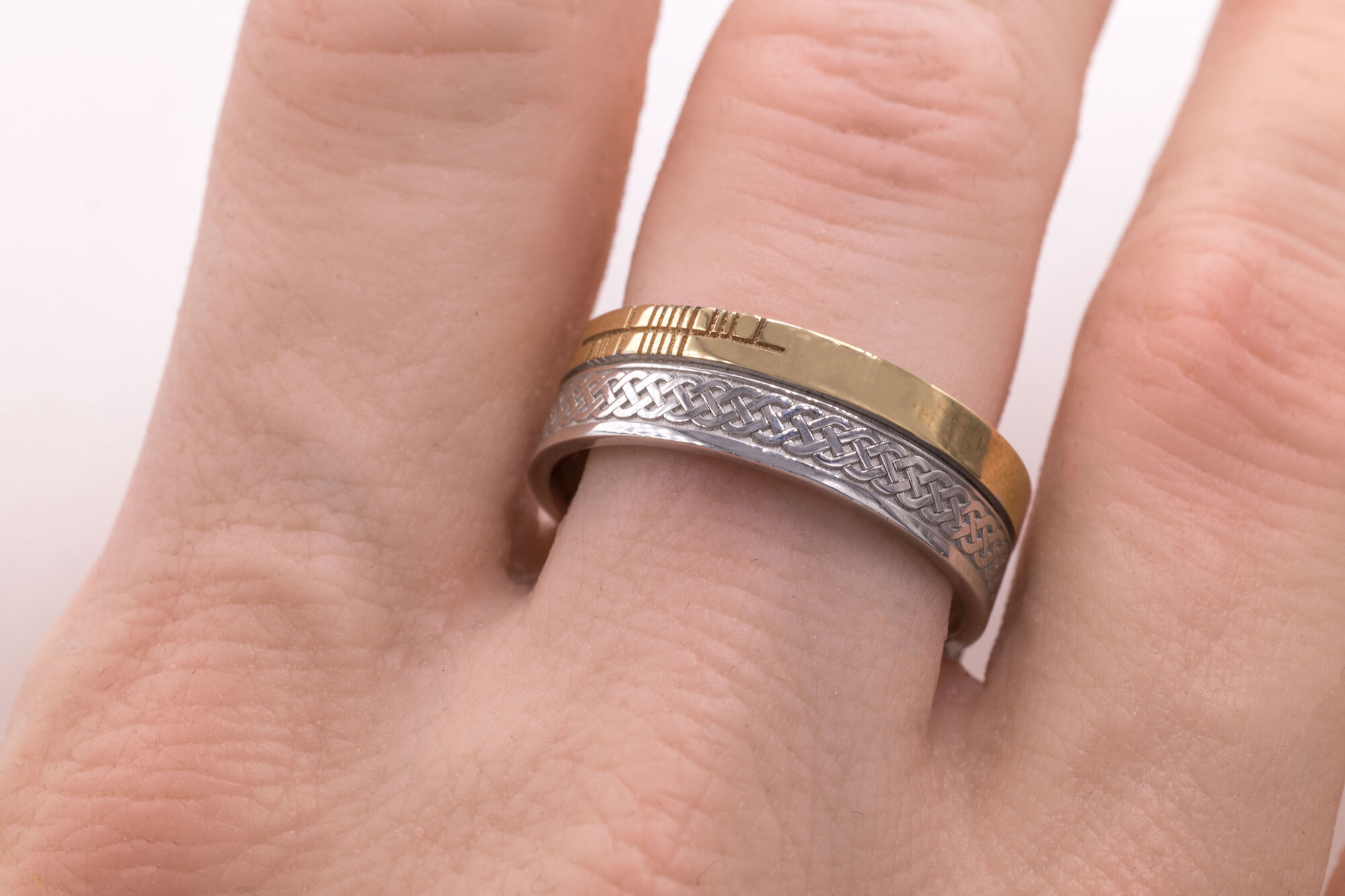 Florentine 10K White Gold & Yellow Gold Ogham 7.3mm Ring - Model Photo