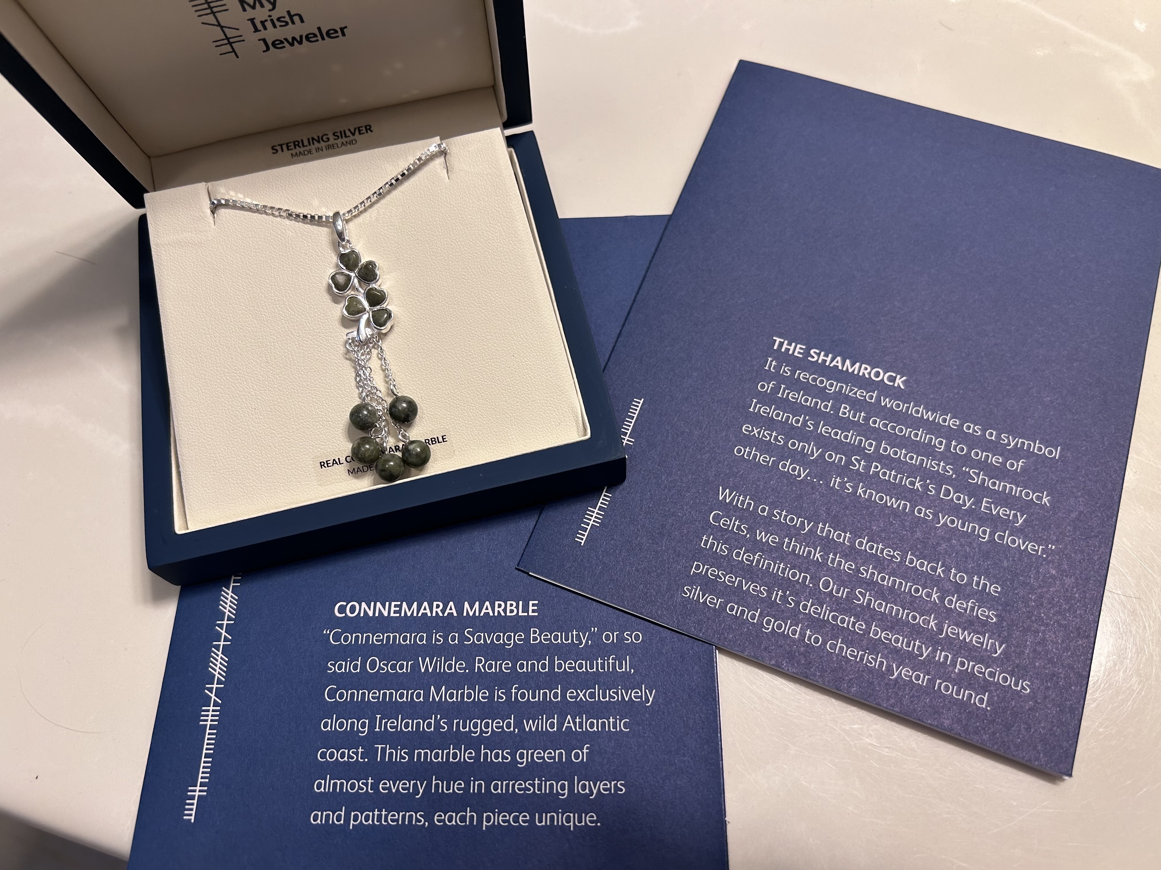 Silver Shamrock Connemara Marble Bead Necklace