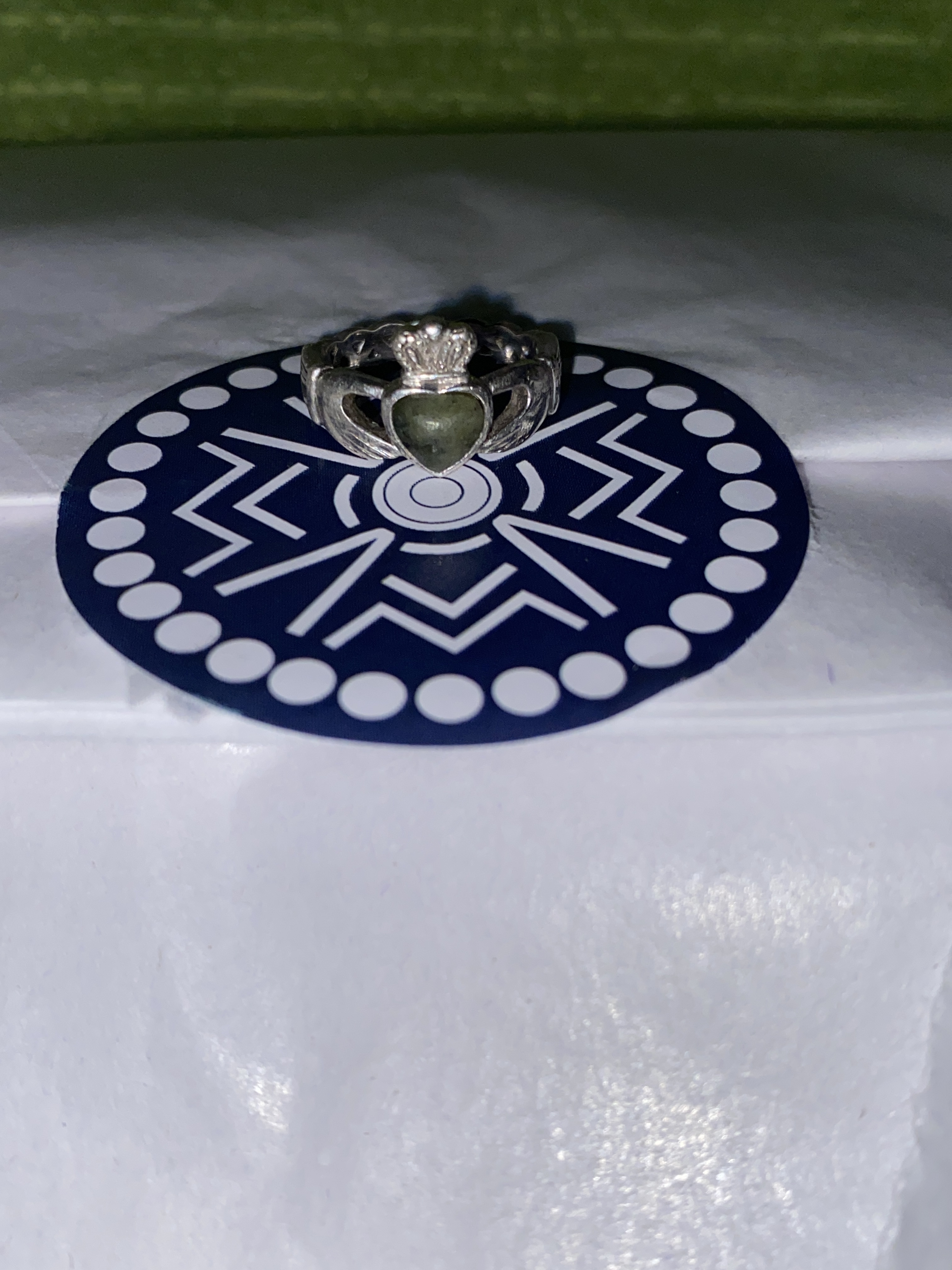 Ladys Silver Claddagh Ring with Connemara Marble Heart