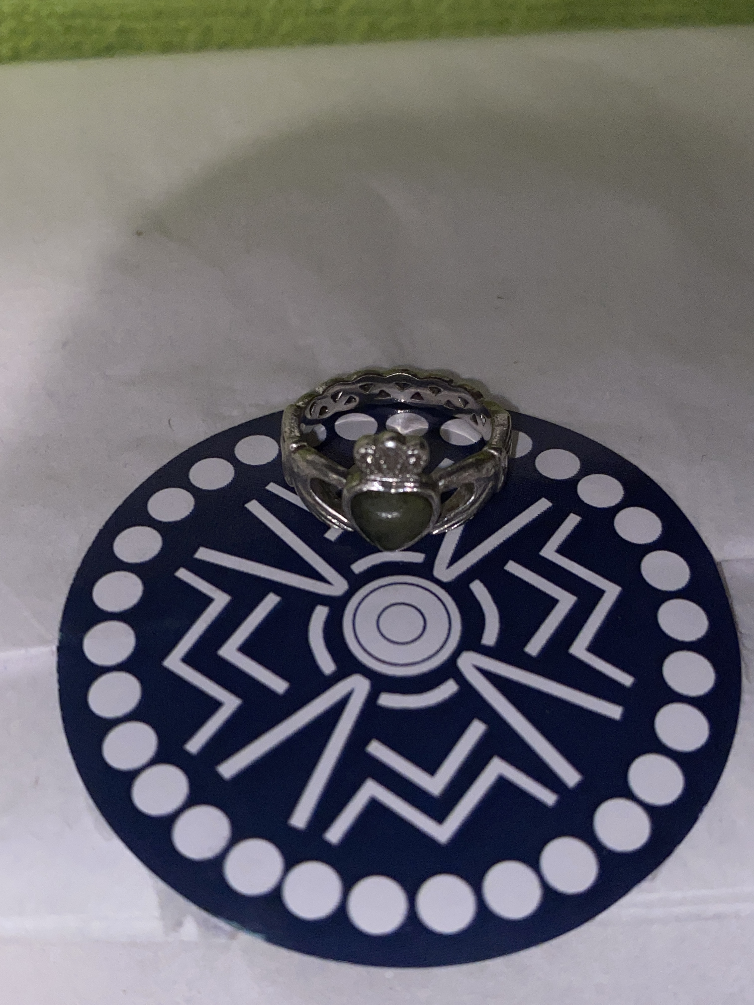 Ladys Silver Claddagh Ring with Connemara Marble Heart